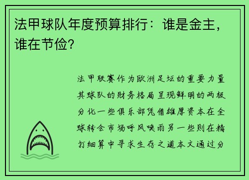 法甲球队年度预算排行：谁是金主，谁在节俭？