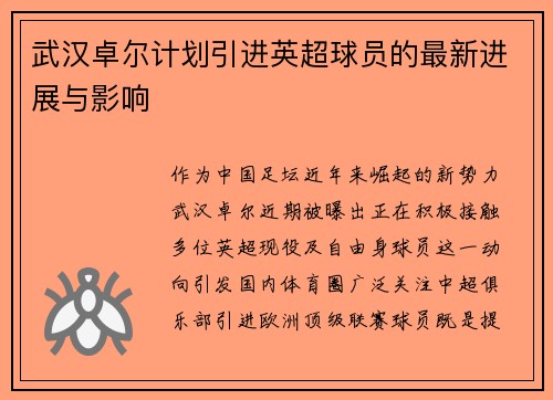 武汉卓尔计划引进英超球员的最新进展与影响